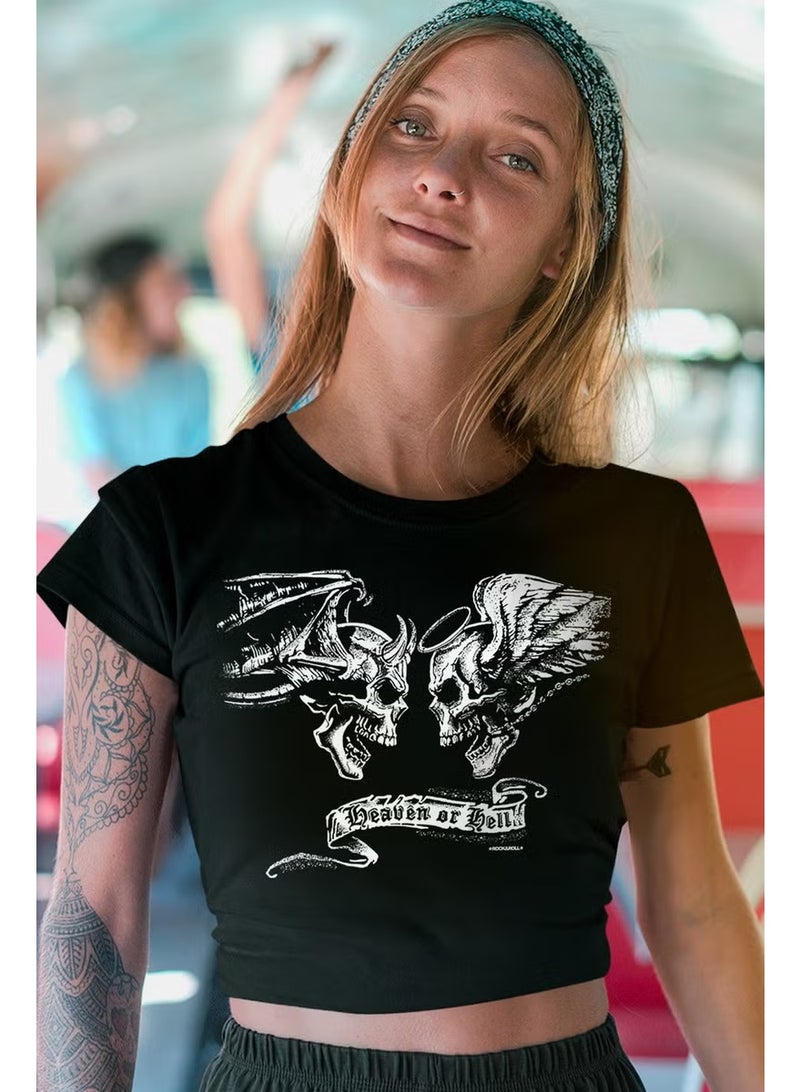 Rock&Roll Angel Devil Black Short, Cut Crop Top Women's T-Shirt - Image 1